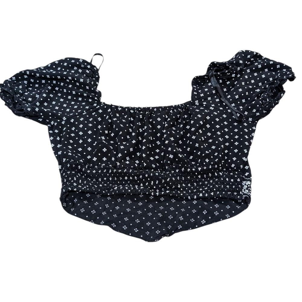 Japna Black & White Floral Crop Top | Boho Prairie Puff Sleeve Women's Large